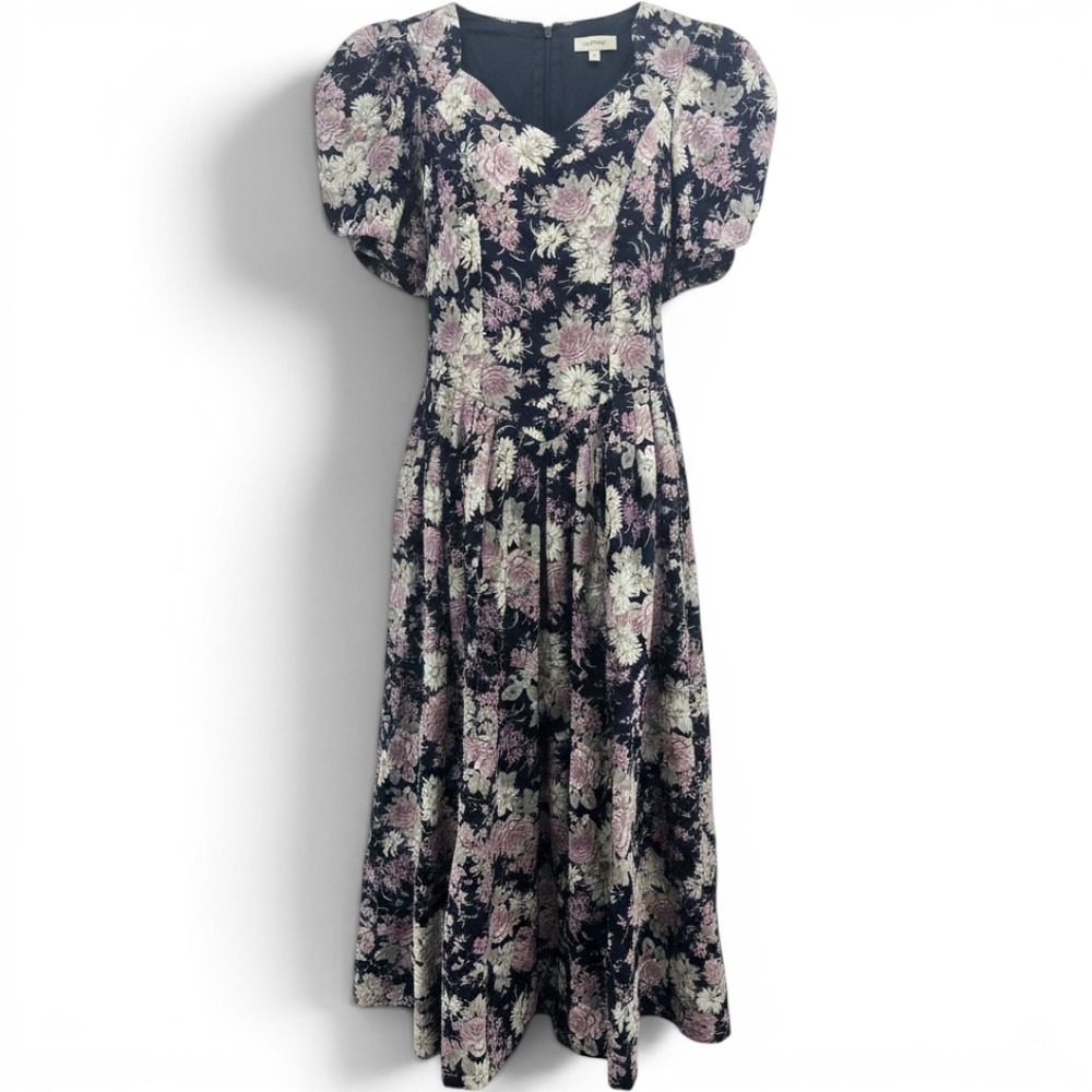 Laura Ashley Dress Womens 10 Floral Puff Sleeve Maxi Navy Pink V-Neck EUC
